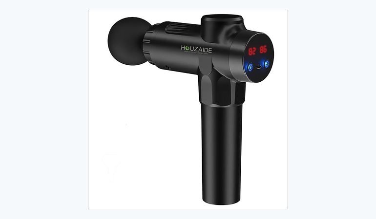 HOUZAIDE massage gun in black with a round digital display and blue control buttons