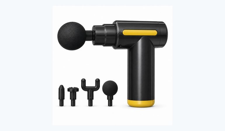 Black massage gun with a yellow accent stripe shown with four attachment heads