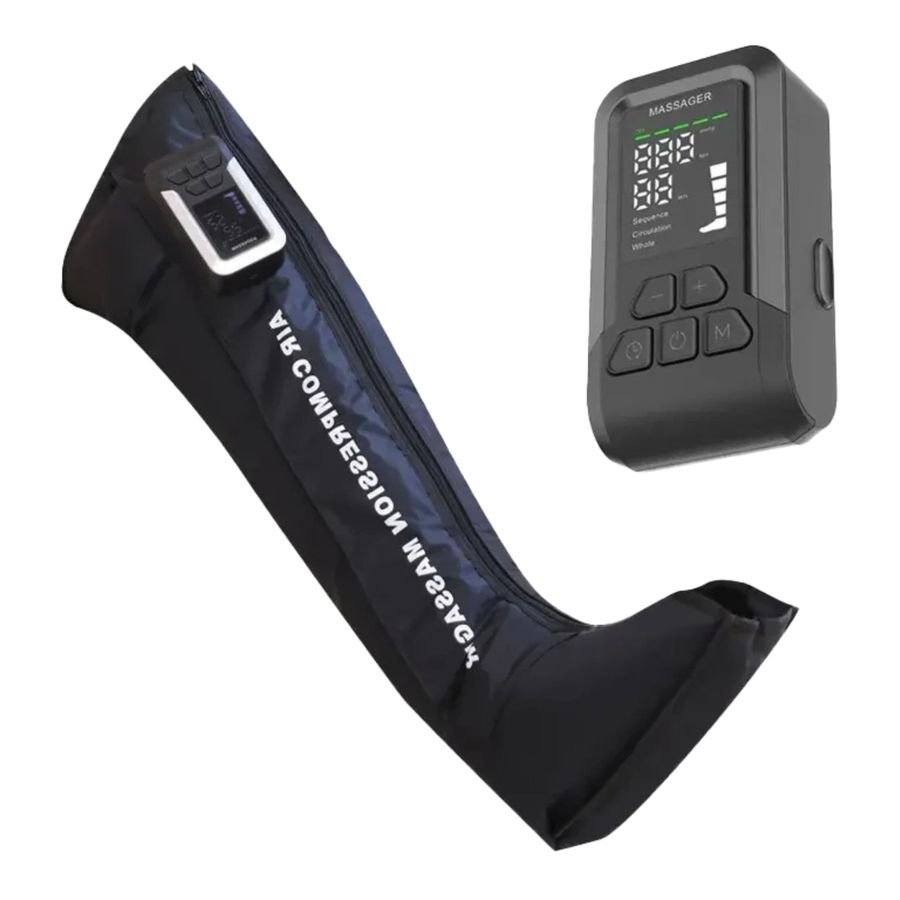 Black zippered air compression leg sleeve shown with its handheld controller displaying pressure and mode settings