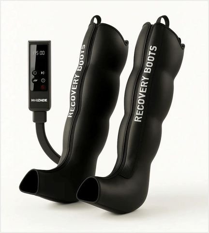 Pair of black air compression recovery boots marked Recovery Boots, with a HOUZAIDE controller showing a 35 minute timer
