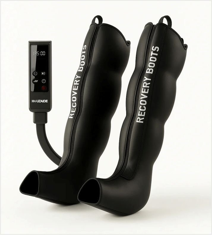 Pair of black air compression recovery boots marked Recovery Boots, with a HOUZAIDE controller showing a 35 minute timer