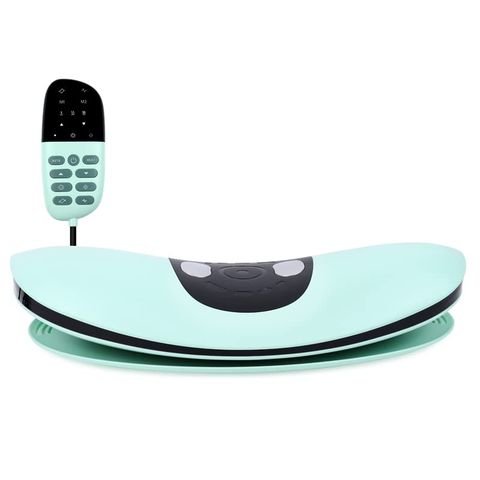 Mint green curved cervical neck pillow with a central control area and a wired remote control