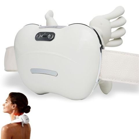 White cordless neck massager with an adjustable strap and a finger-shaped massage head, shown worn on the neck
