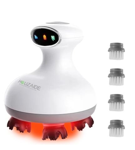 HOUZAIDE head massager with an oval LED display and red light around the massage heads, shown with four spare attachments