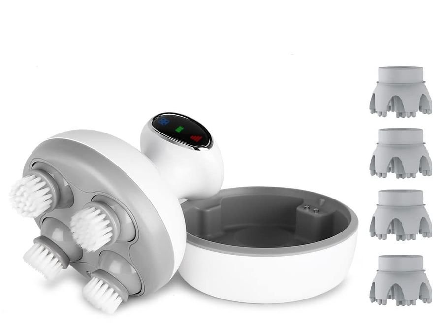 Head massager shown beside its round storage base with four spare claw attachments