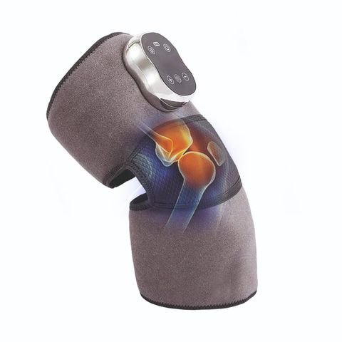 Grey neoprene knee wrap with a chrome control pod carrying power, heat, plus and minus buttons