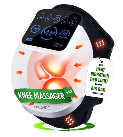 HOUZAIDE 4-in-1 knee massager with a blue touch panel showing vibration, air, timer and heat controls