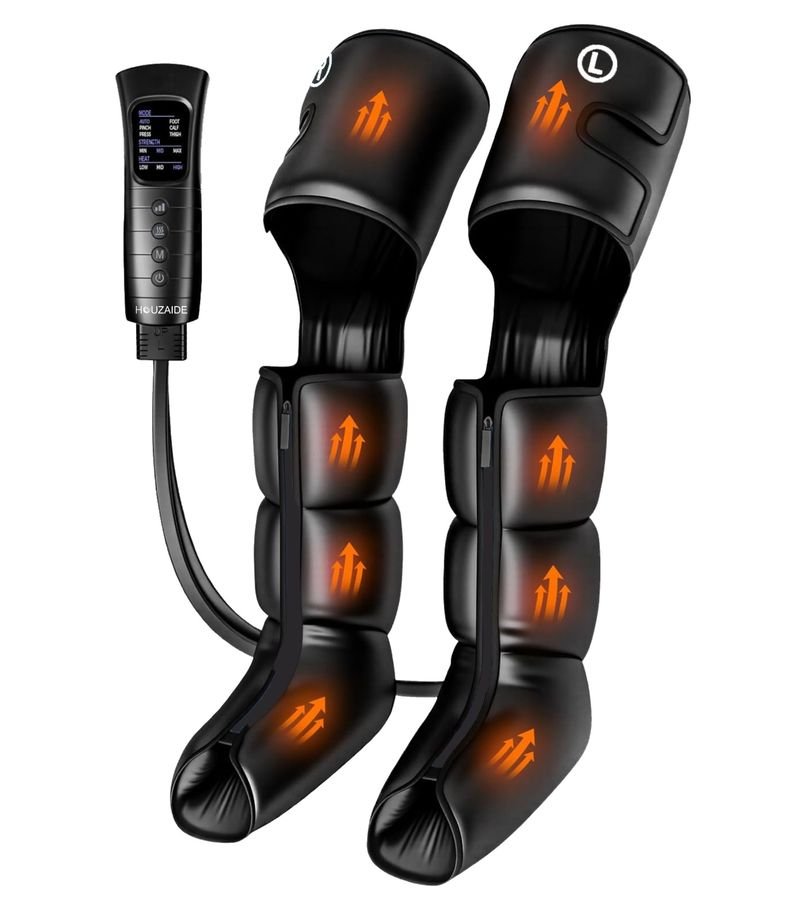 Pair of black full-leg air compression massagers with heat, shown with a HOUZAIDE controller listing mode, strength and heat settings