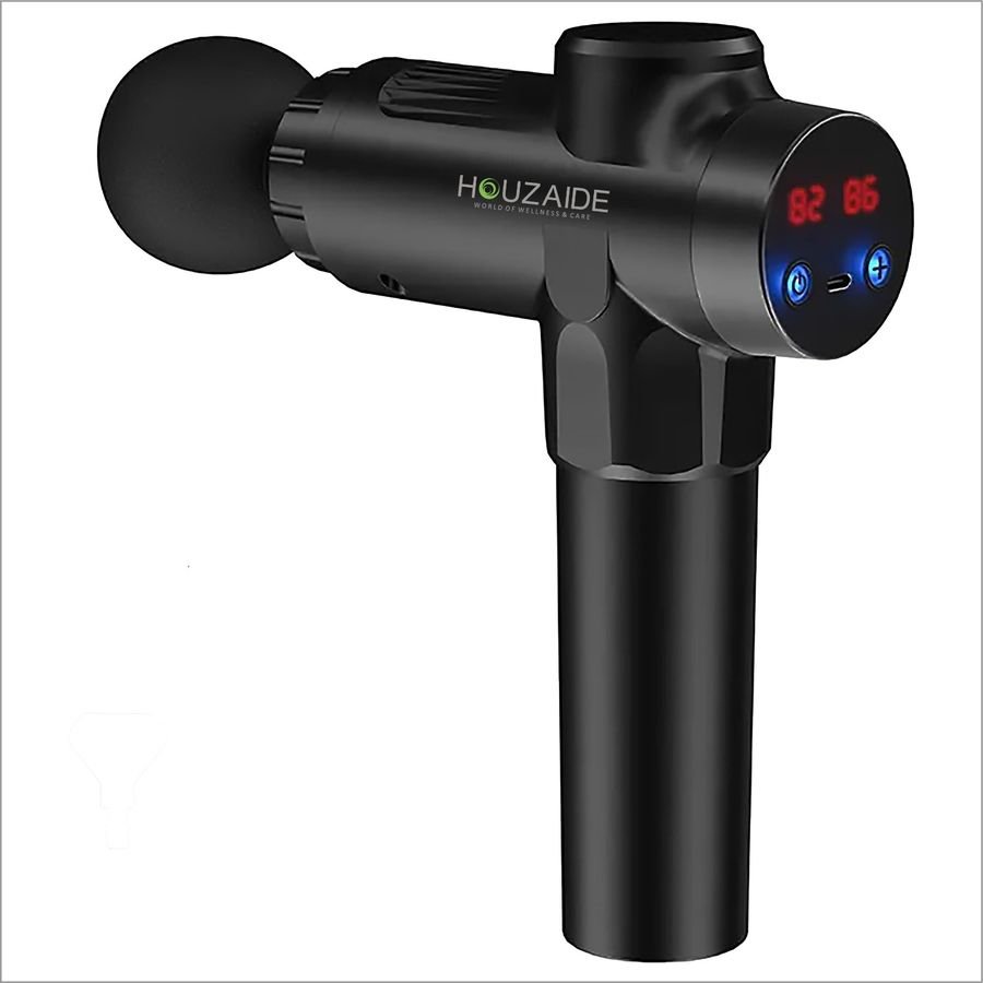 HOUZAIDE massage gun in black with a round digital LED display showing two red numeric readouts and blue control buttons