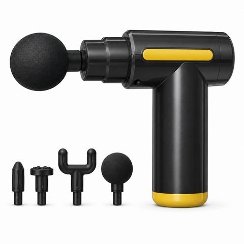 Black massage gun with a yellow accent stripe and yellow base cap, shown with four attachment heads