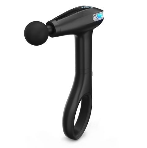 Black massage gun with a long handle ending in a closed loop grip and a blue indicator window near the head