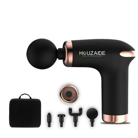HOUZAIDE mini massage gun in black with rose gold trim, shown with four attachments, a carry case and its LED control face