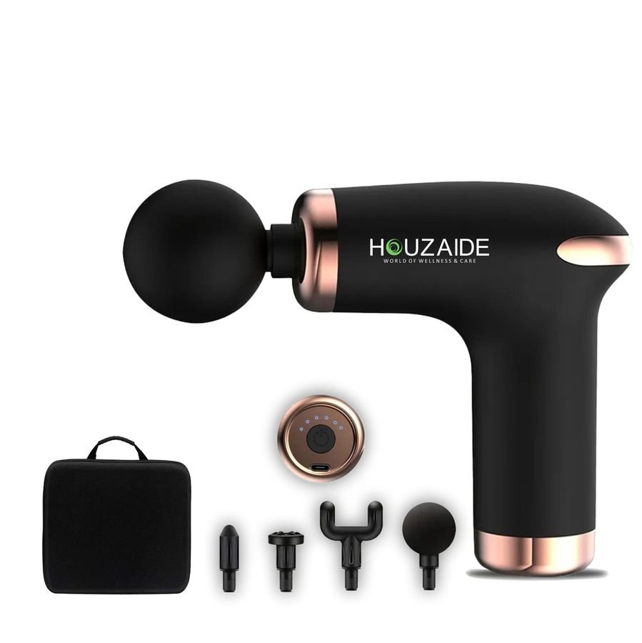 HOUZAIDE mini massage gun in black with rose gold trim, shown with four attachments, a carry case and its LED control face
