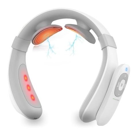 HOUZAIDE U-shaped neck massager with heated contact pads, red light points along the arm and a side control module