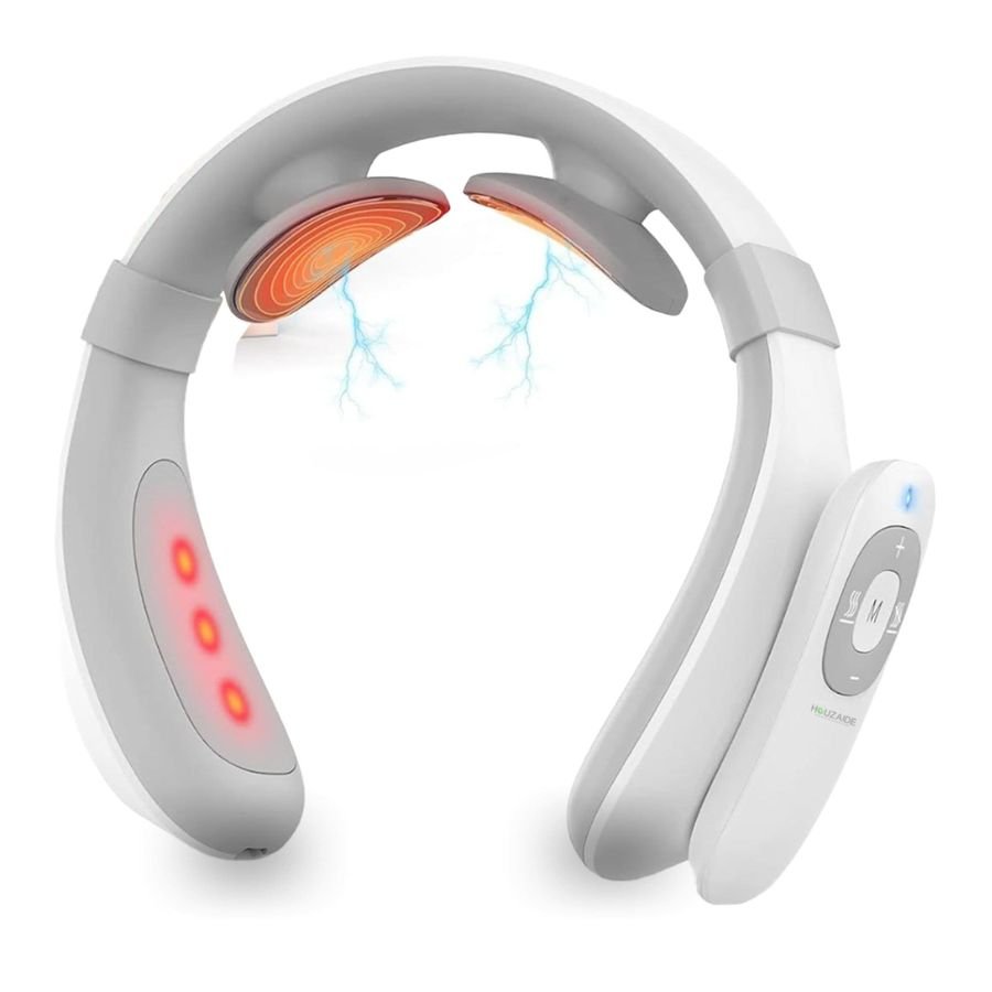 HOUZAIDE U-shaped neck massager with heated contact pads, red light points along the arm and a side control module