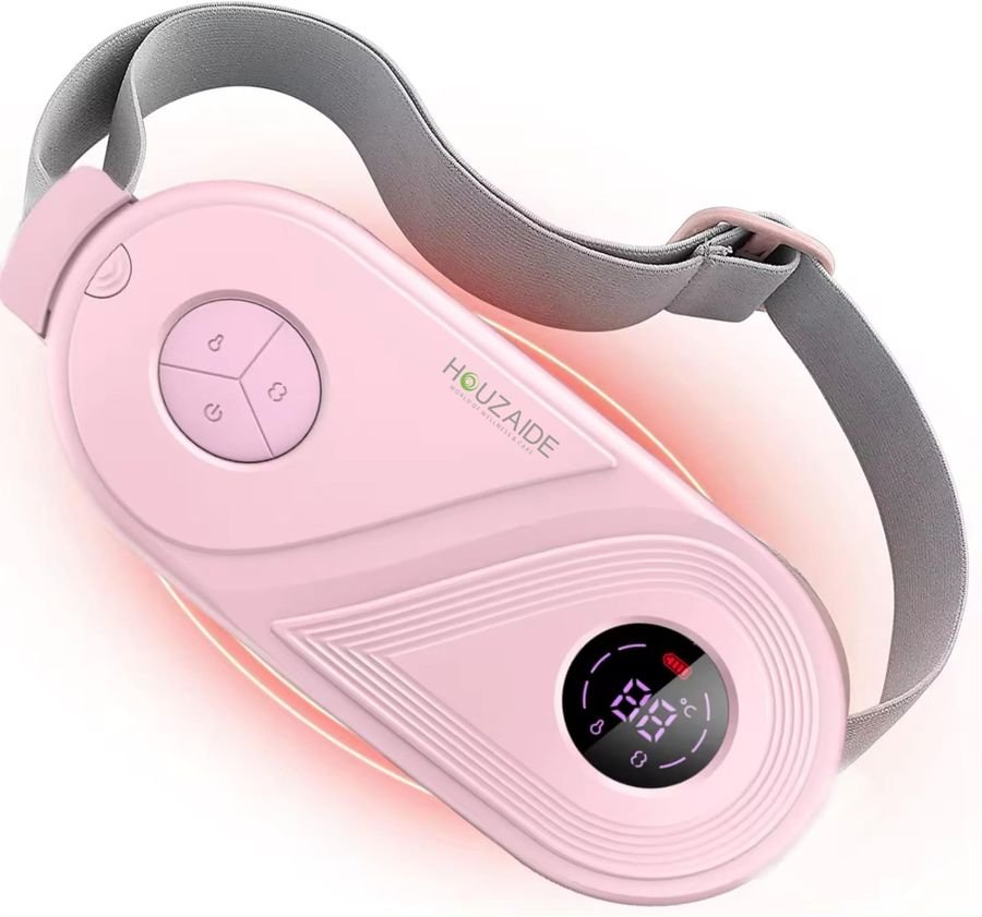 HOUZAIDE pink neck massager with a grey adjustable strap and a round display showing a temperature reading in degrees Celsius