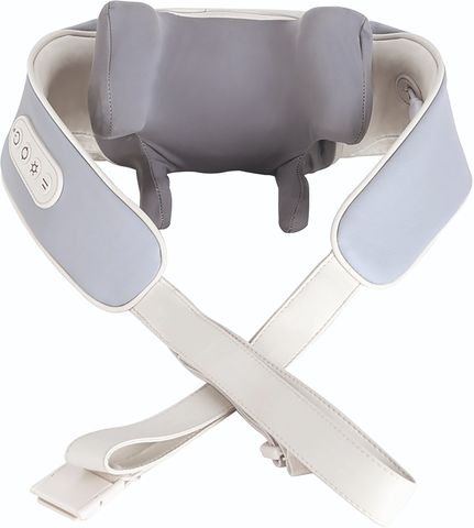 Grey and cream neck and shoulder massager with two kneading pillows underneath and long crossing hand straps