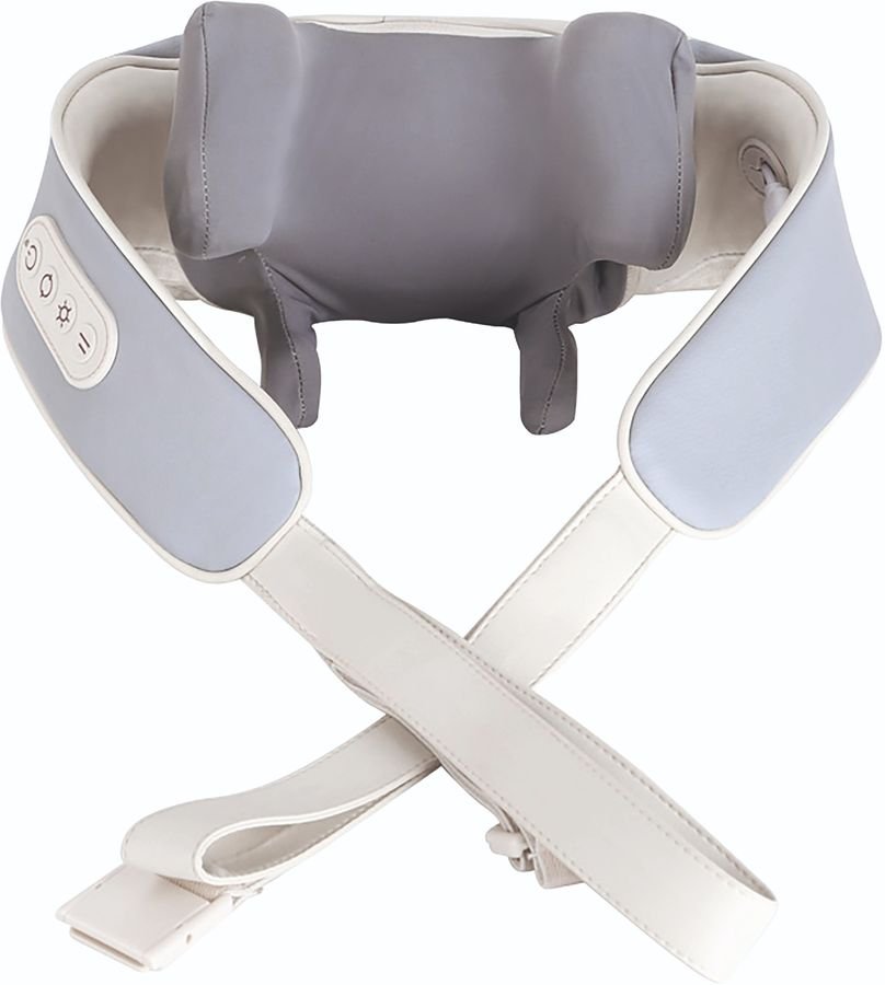 Grey and cream neck and shoulder massager with two kneading pillows underneath and long crossing hand straps