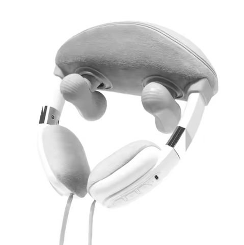Neck and shoulder shiatsu massager seen from underneath, showing four kneading nodes under a padded cushion