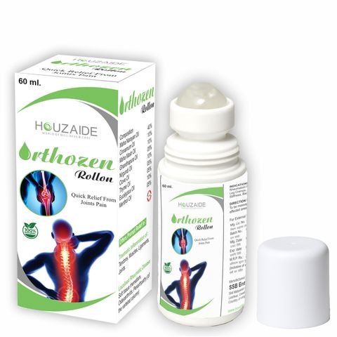 HOUZAIDE Orthozen Rollon 60 ml ayurvedic oil, shown with its carton, roll-on bottle and cap