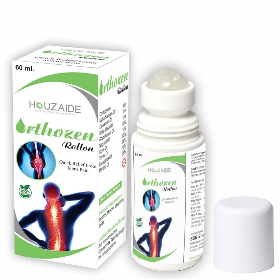 HOUZAIDE Orthozen Rollon 60 ml ayurvedic oil, shown with its carton, roll-on bottle and cap