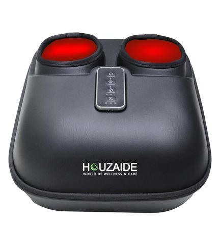 HOUZAIDE black enclosed shiatsu foot massager with two foot openings lit red inside and a control panel on top
