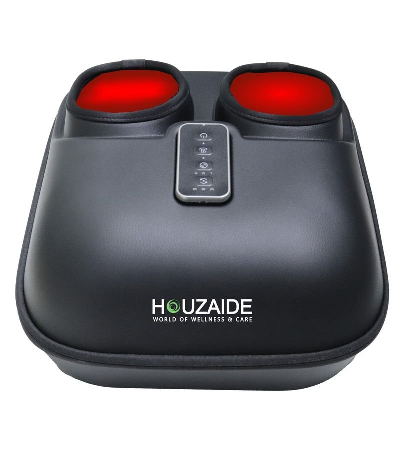 HOUZAIDE black enclosed shiatsu foot massager with two foot openings lit red inside and a control panel on top